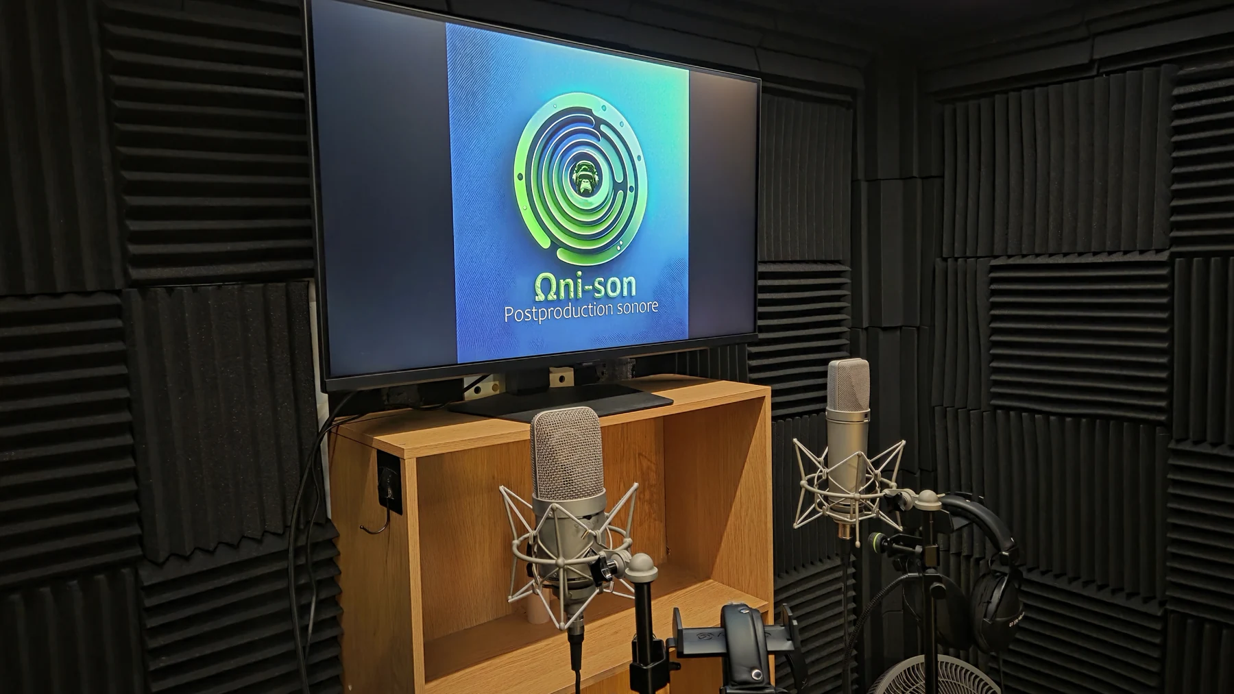 Les deux microphones face à l’écran dans la cabine de doublage Ωni-son