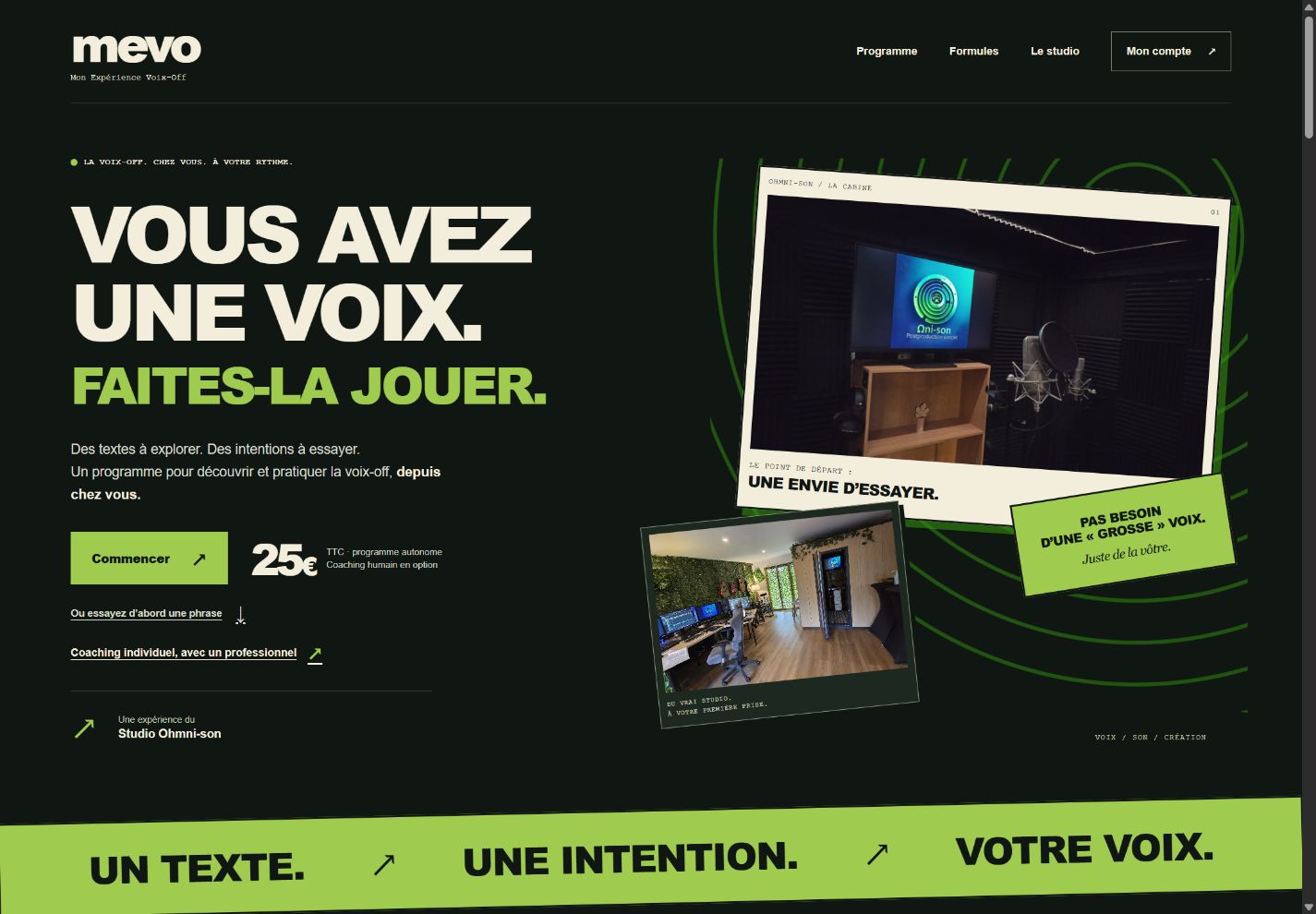 Capture réelle du site Mon Expérience Voix-Off, son programme et son univers graphique